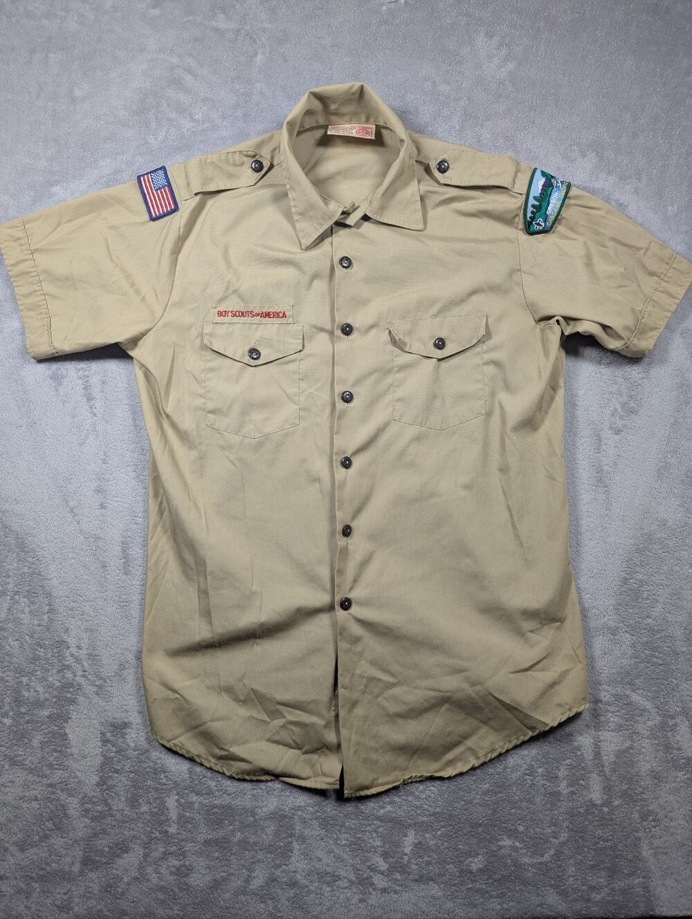 Official Boy Scouts Of America Button Up Shirt Mens Large Beige Patches Outdoor